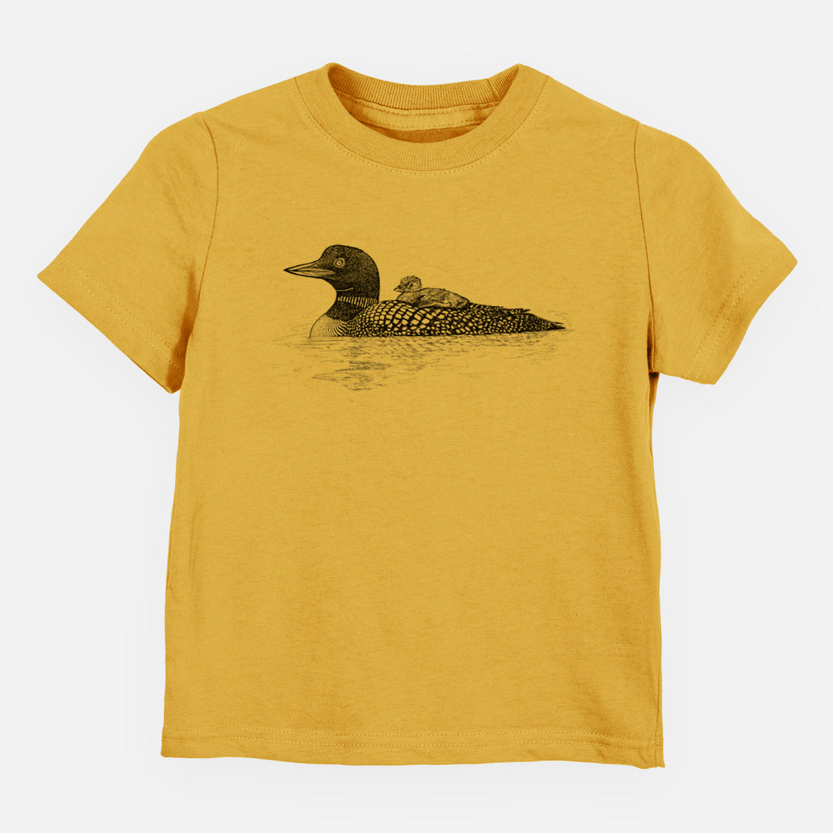 Honeycomb yellow toddler t-shirt laid flat, printed with a black ink sketch of a common loon floating on water with a chick riding on its back.