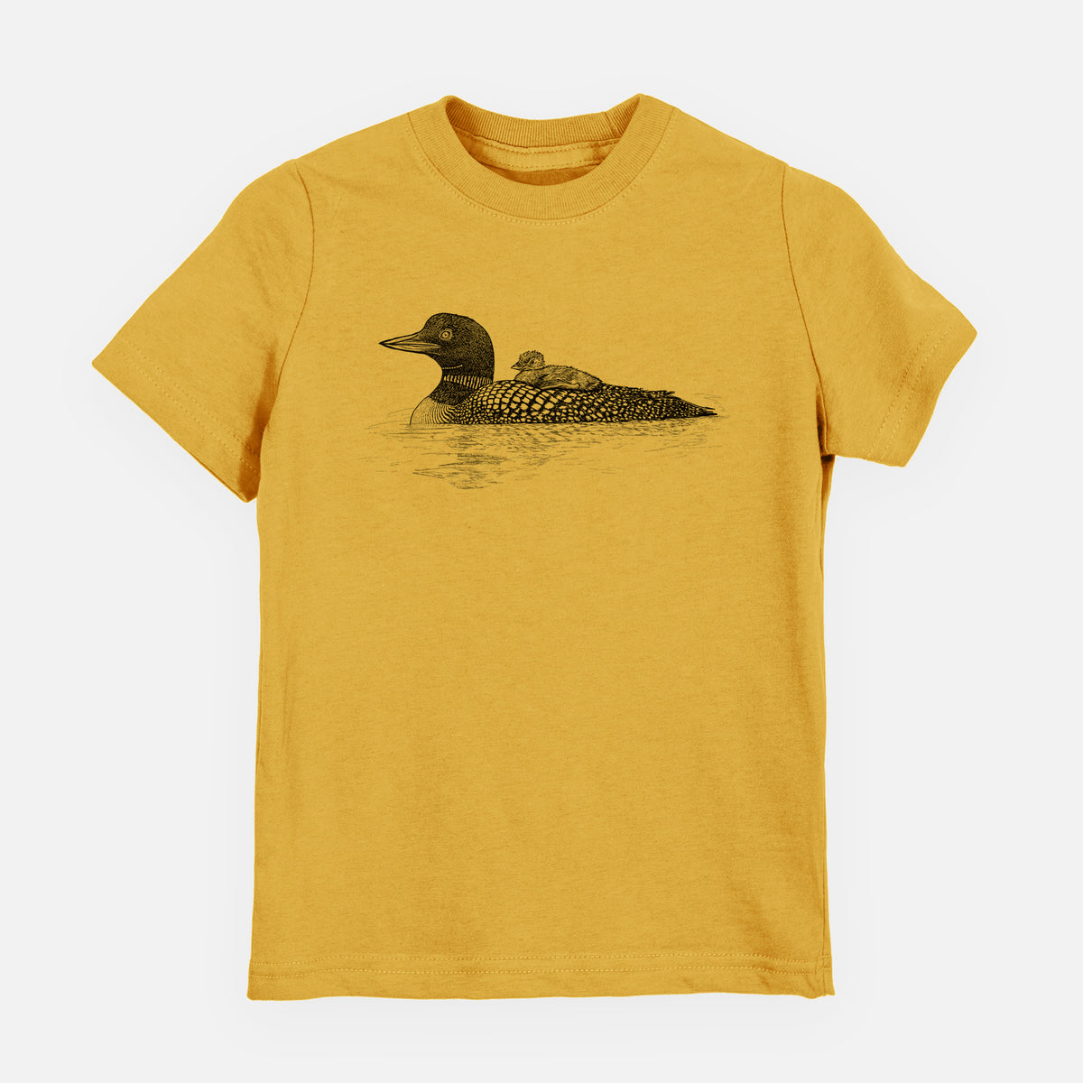 Honeycomb yellow youth t-shirt laid flat, printed with a black ink sketch of a common loon floating on water with a chick riding on its back.