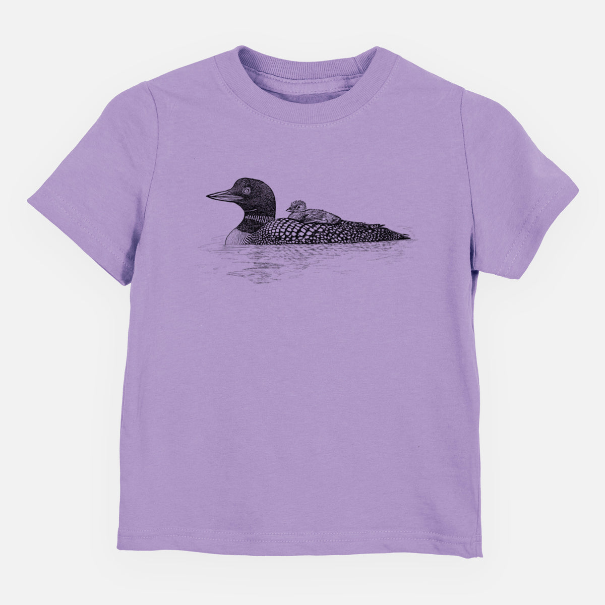 Lavender toddler t-shirt laid flat, printed with a black ink sketch of a common loon floating on water with a chick riding on its back.