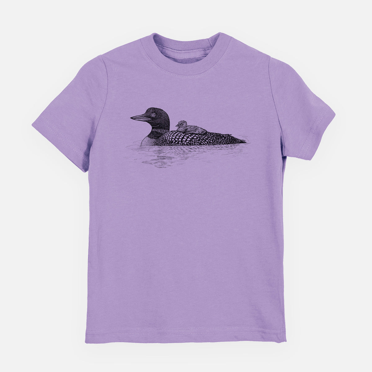 Lavender youth t-shirt laid flat, printed with a black ink sketch of a common loon floating on water with a chick riding on its back.