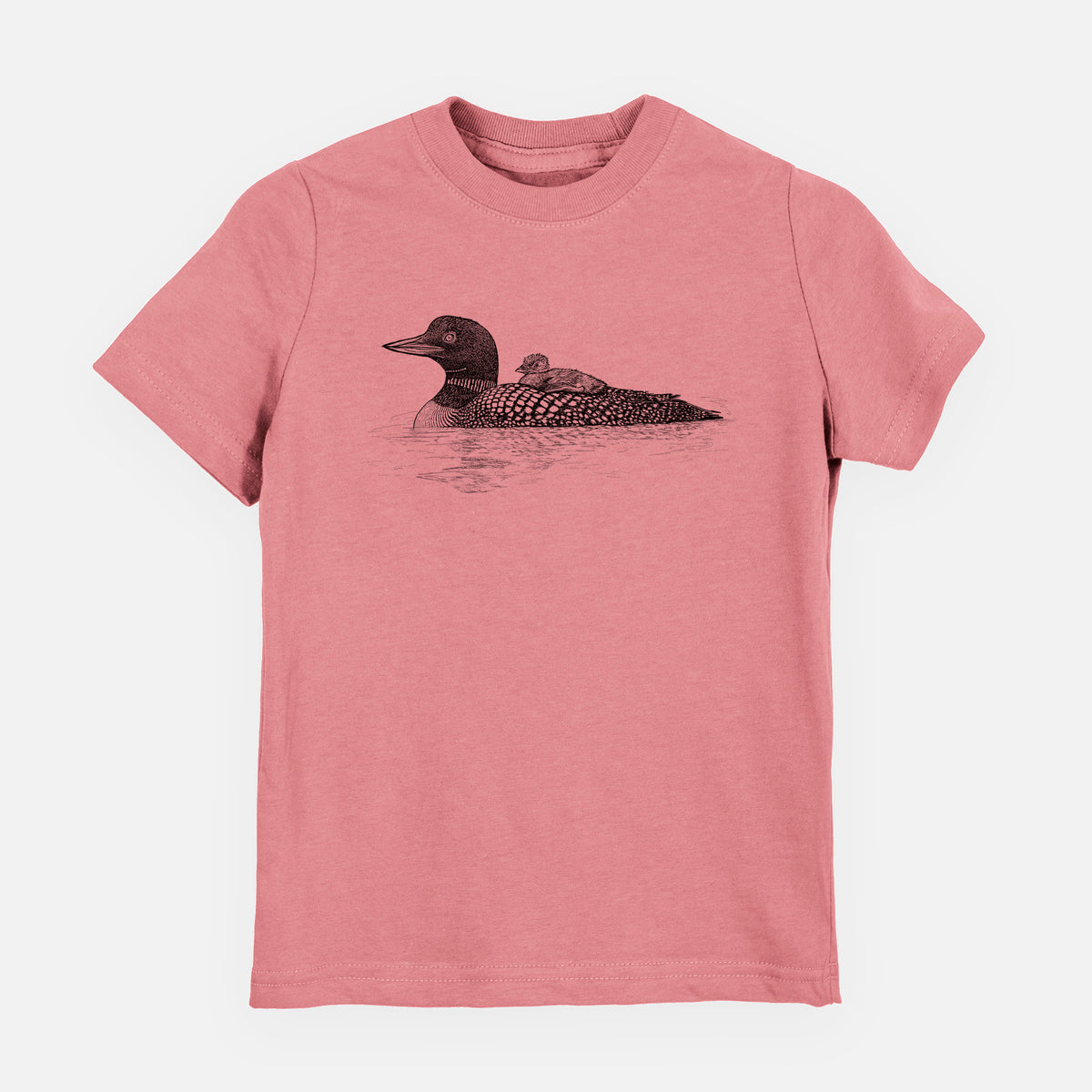 Mauve pink youth t-shirt laid flat, printed with a black ink sketch of a common loon floating on water with a chick riding on its back.