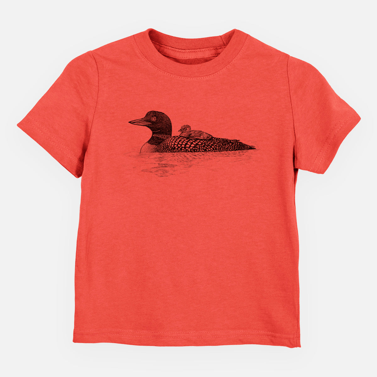 Passionfruit pink toddler t-shirt laid flat, printed with a black ink sketch of a common loon floating on water with a chick riding on its back.