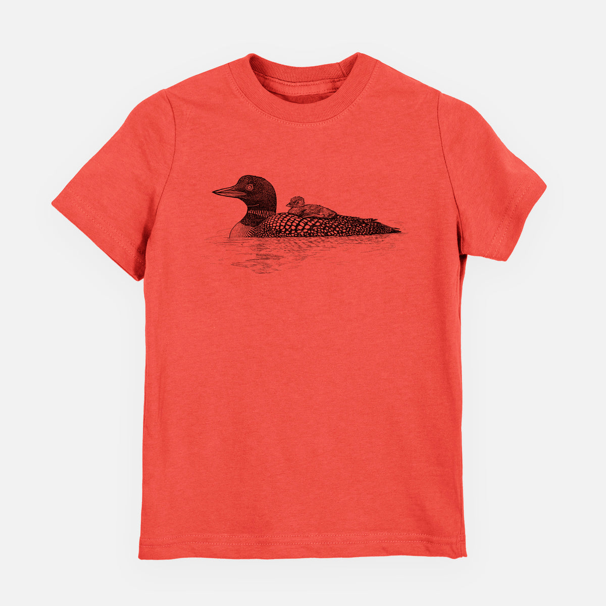 Passionfruit pink youth t-shirt laid flat, printed with a black ink sketch of a common loon floating on water with a chick riding on its back.