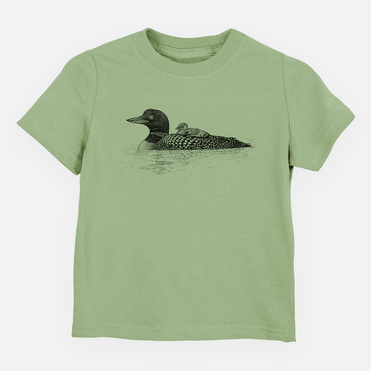 Sage green toddler t-shirt laid flat, printed with a black ink sketch of a common loon floating on water with a chick riding on its back.