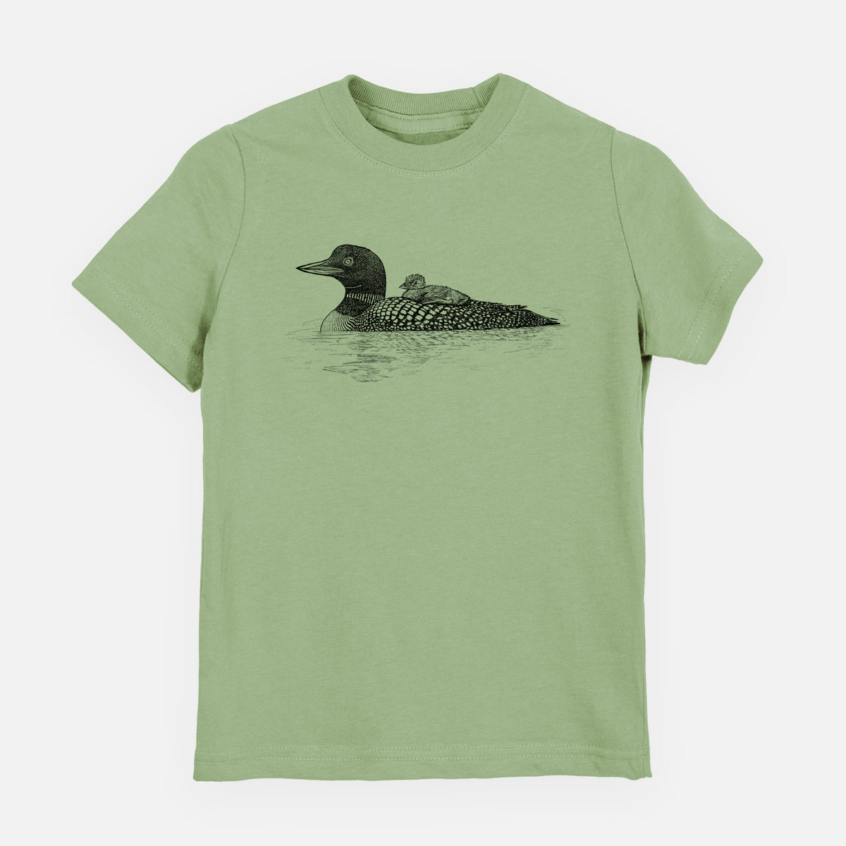Sage green youth t-shirt laid flat, printed with a black ink sketch of a common loon floating on water with a chick riding on its back.