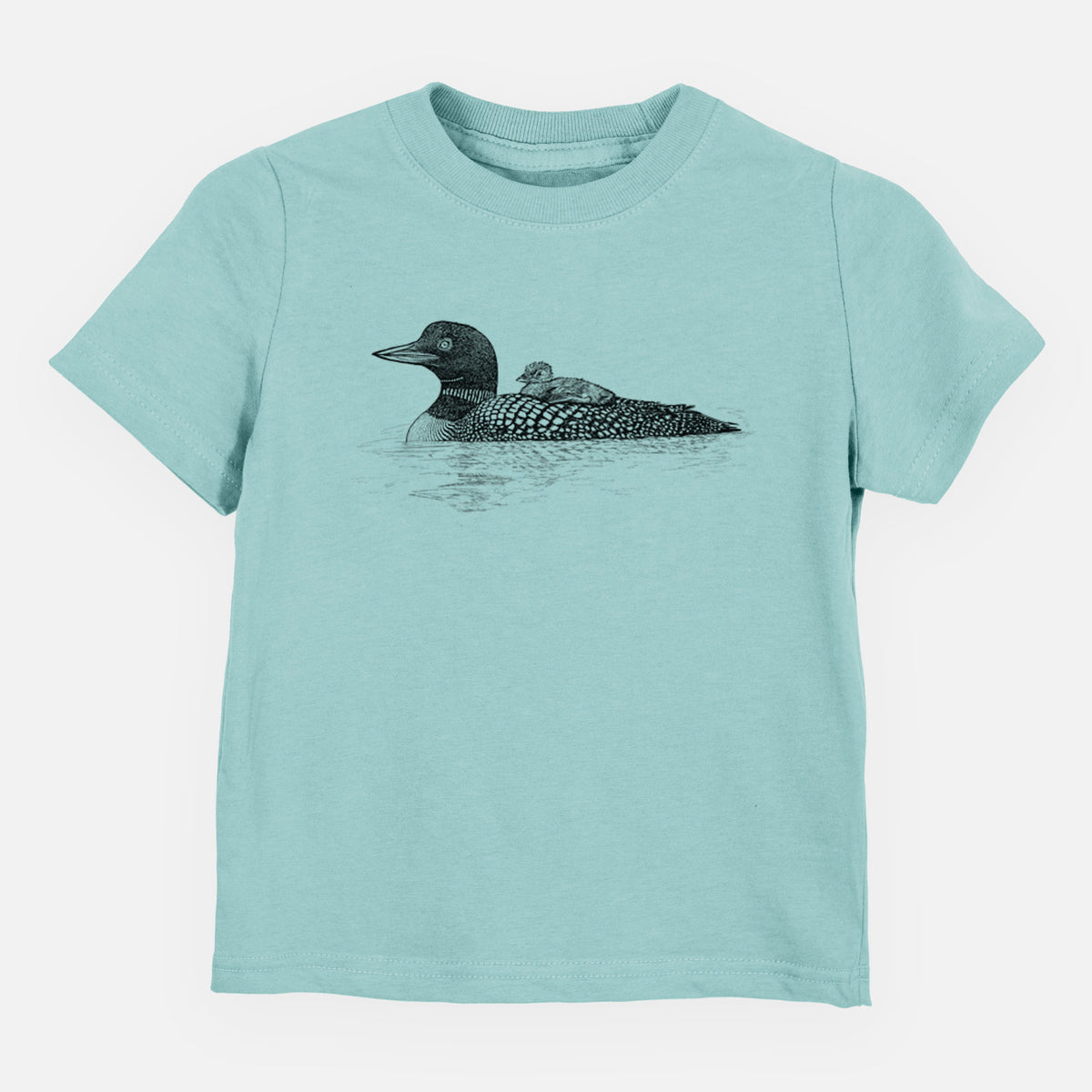 Saltwater toddler t-shirt laid flat, printed with a black ink sketch of a common loon floating on water with a chick riding on its back.