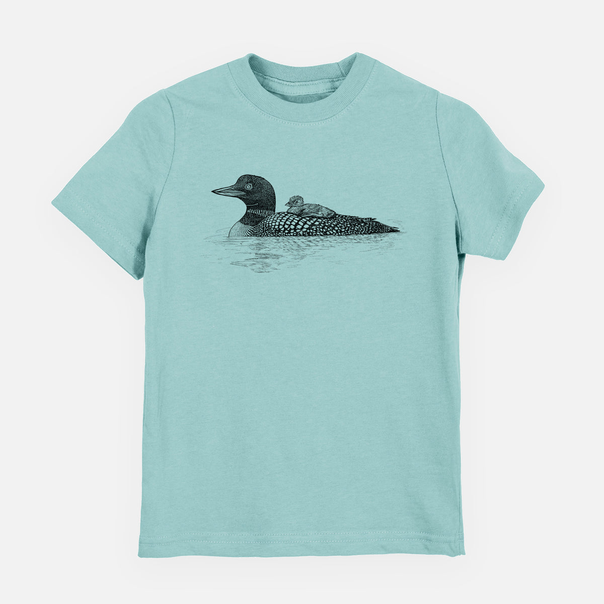 Saltwater youth t-shirt laid flat, printed with a black ink sketch of a common loon floating on water with a chick riding on its back.