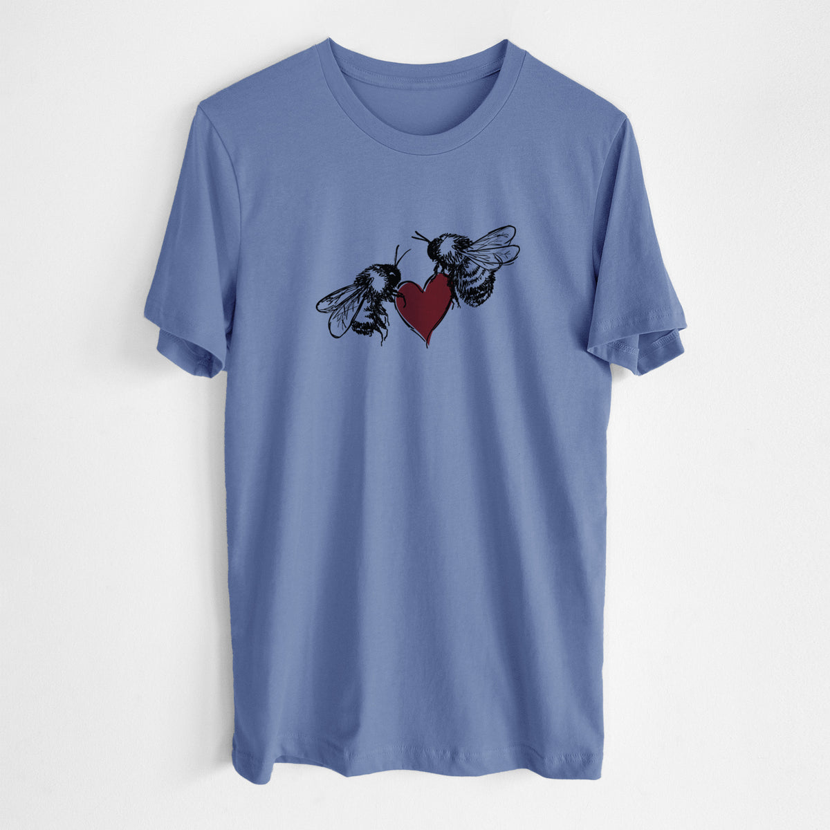 Blue bell lightweight cotton t-shirt laid flat, printed with a black ink illustration of two bees facing each other with a red heart between them.
