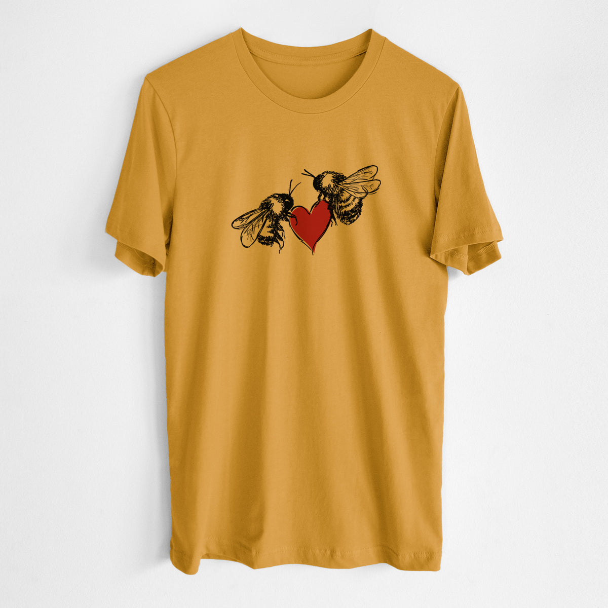 Honeycomb yellow lightweight cotton t-shirt laid flat, printed with a black ink illustration of two bees facing each other with a red heart between them.