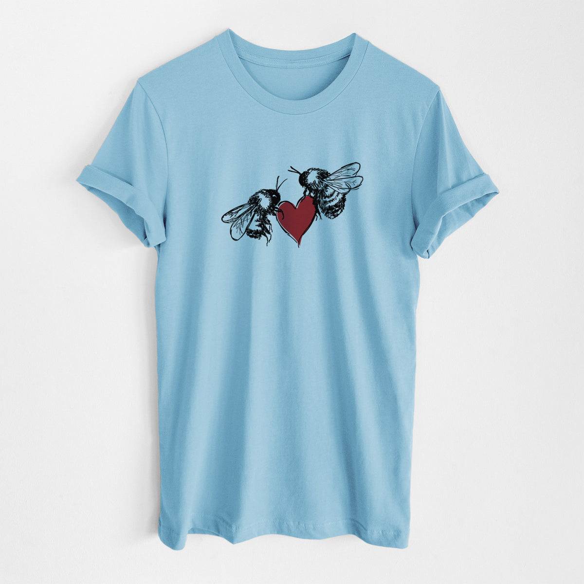 Ocean blue lightweight cotton t-shirt laid flat, printed with a black ink illustration of two bees facing each other with a red heart between them.