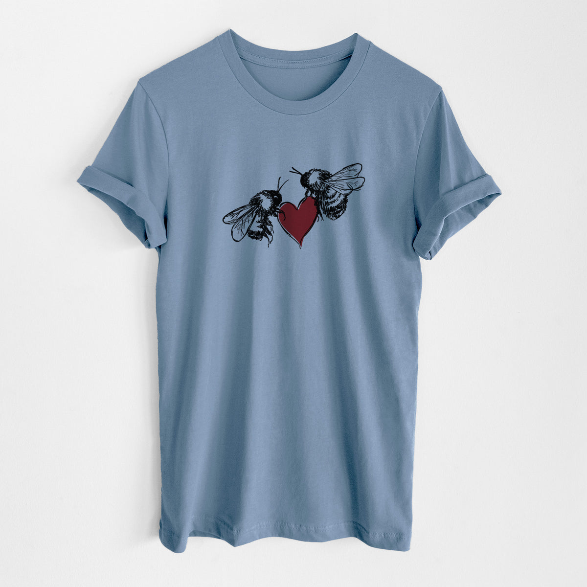 Steel blue lightweight cotton t-shirt laid flat, printed with a black ink illustration of two bees facing each other with a red heart between them.