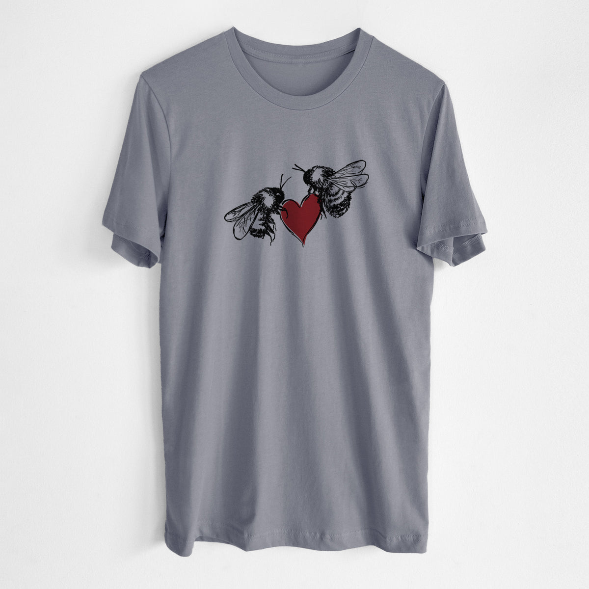 Storm grey lightweight cotton t-shirt laid flat, printed with a black ink illustration of two bees facing each other with a red heart between them.