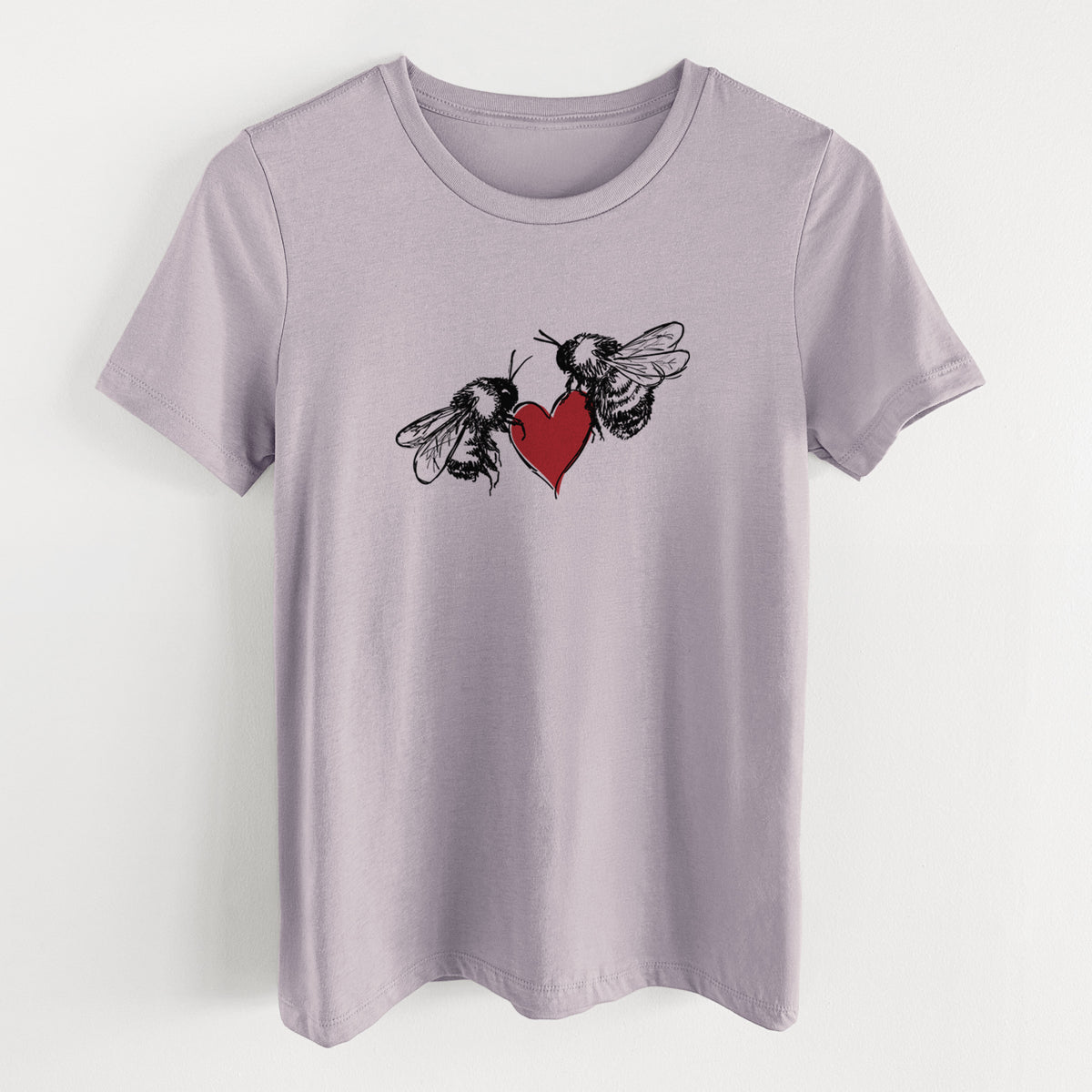 Light violet women's relaxed fit cotton t-shirt laid flat, printed with a black ink illustration of two bees facing each other with a red heart between them.