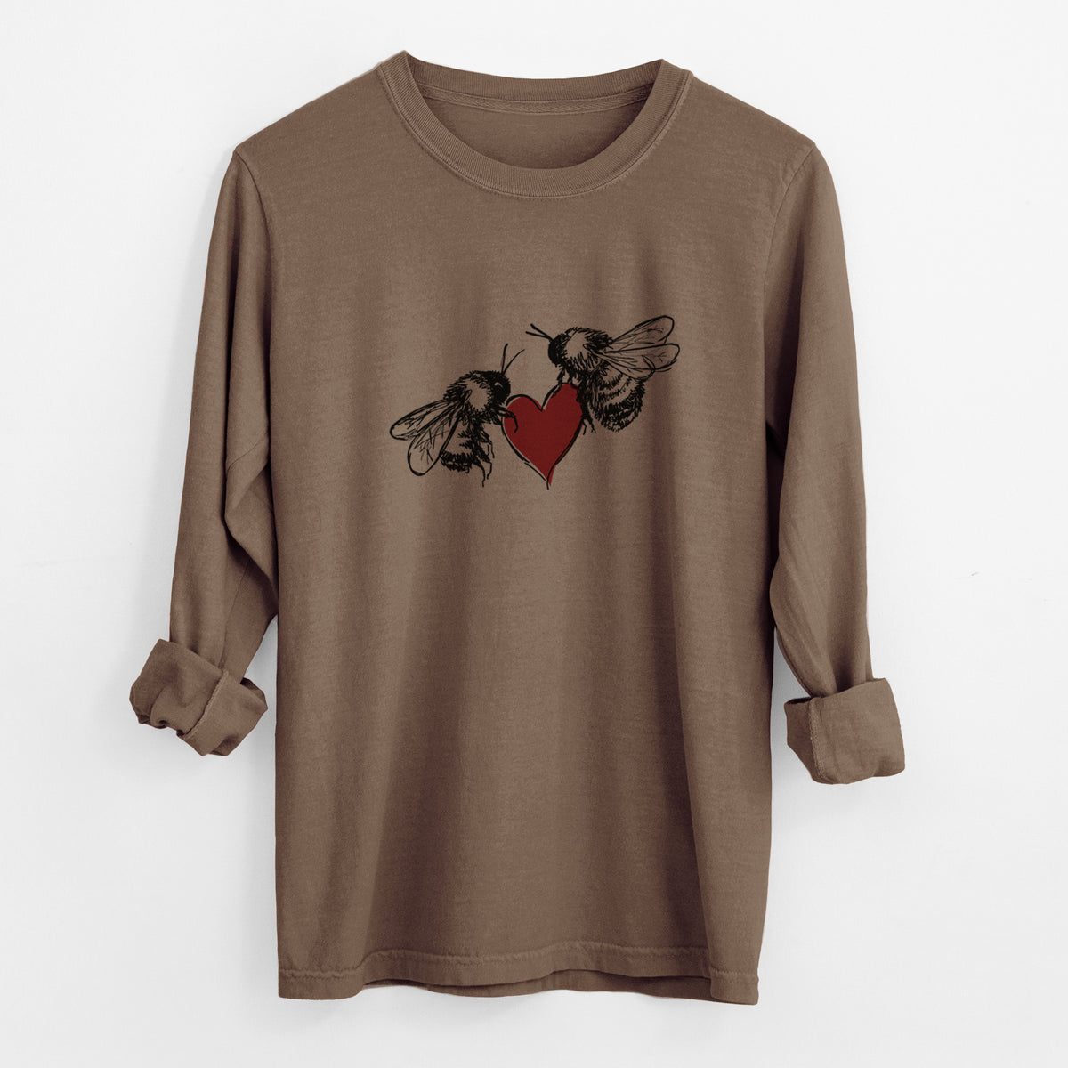 Espresso brown Comfort Colors long sleeve shirt laid flat with the cuffs rolled, printed with a black ink illustration of two bees facing each other with a red heart between them.