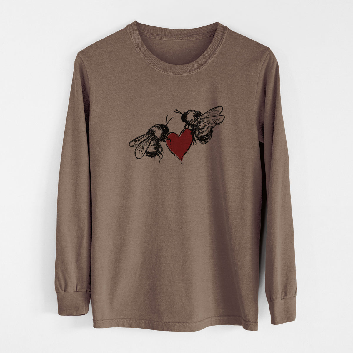 Espresso brown Comfort Colors long sleeve shirt laid flat, printed with a black ink illustration of two bees facing each other with a red heart between them.