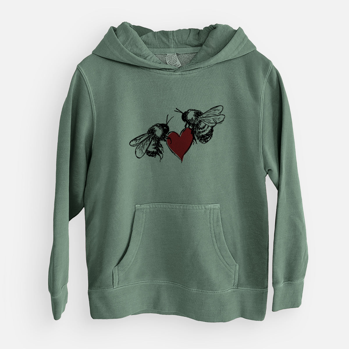 Alpine green youth pigment dyed hoodie laid flat, printed with a black ink illustration of two bees facing each other with a red heart between them.