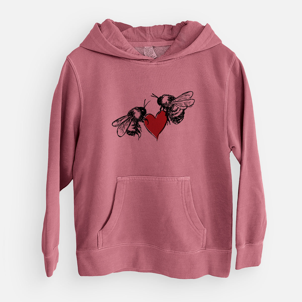 Maroon youth pigment dyed hoodie laid flat, printed with a black ink illustration of two bees facing each other with a red heart between them.