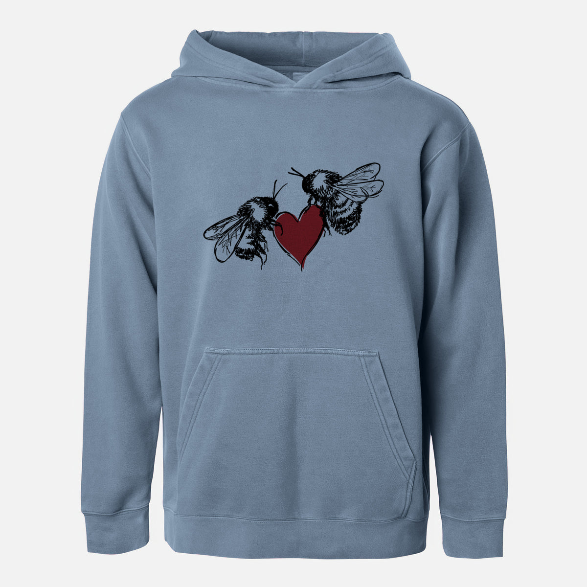 Slate blue youth pigment dyed hoodie laid flat, printed with a black ink illustration of two bees facing each other with a red heart between them.