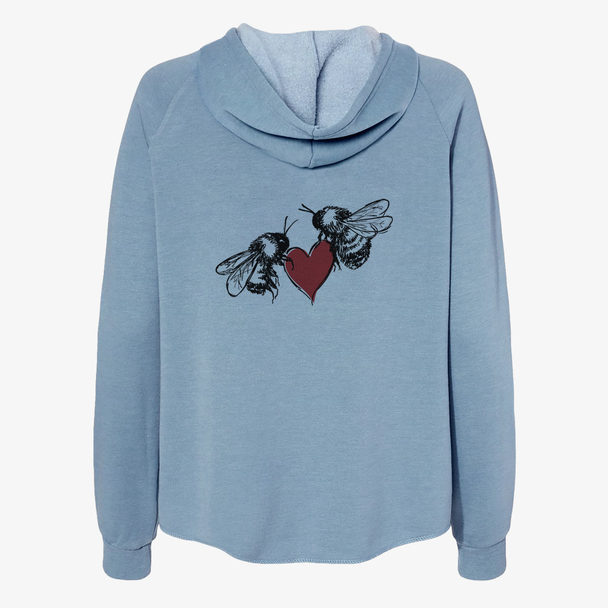 Misty blue women's Cali Wave zip-up sweatshirt laid flat, printed with a black ink illustration of two bees facing each other with a red heart between them.
