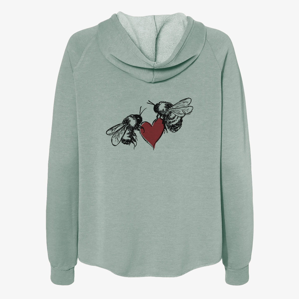 Sage green women's Cali Wave zip-up sweatshirt laid flat, printed with a black ink illustration of two bees facing each other with a red heart between them.