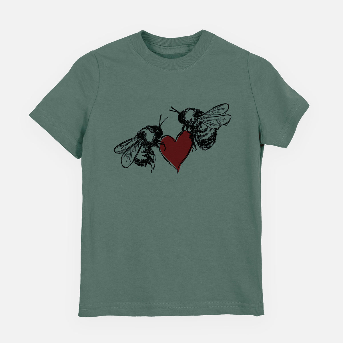 Basil green youth t-shirt laid flat, printed with a black ink illustration of two bees facing each other with a red heart between them.