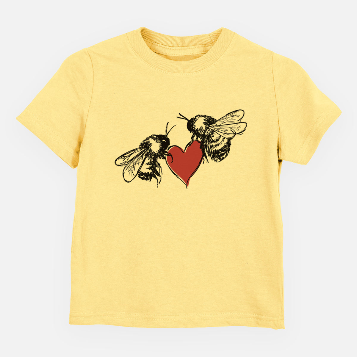 Butter yellow toddler t-shirt laid flat, printed with a black ink illustration of two bees facing each other with a red heart between them.