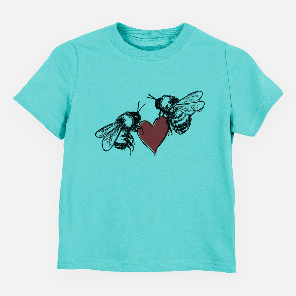 Caribbean blue toddler t-shirt laid flat, printed with a black ink illustration of two bees facing each other with a red heart between them.
