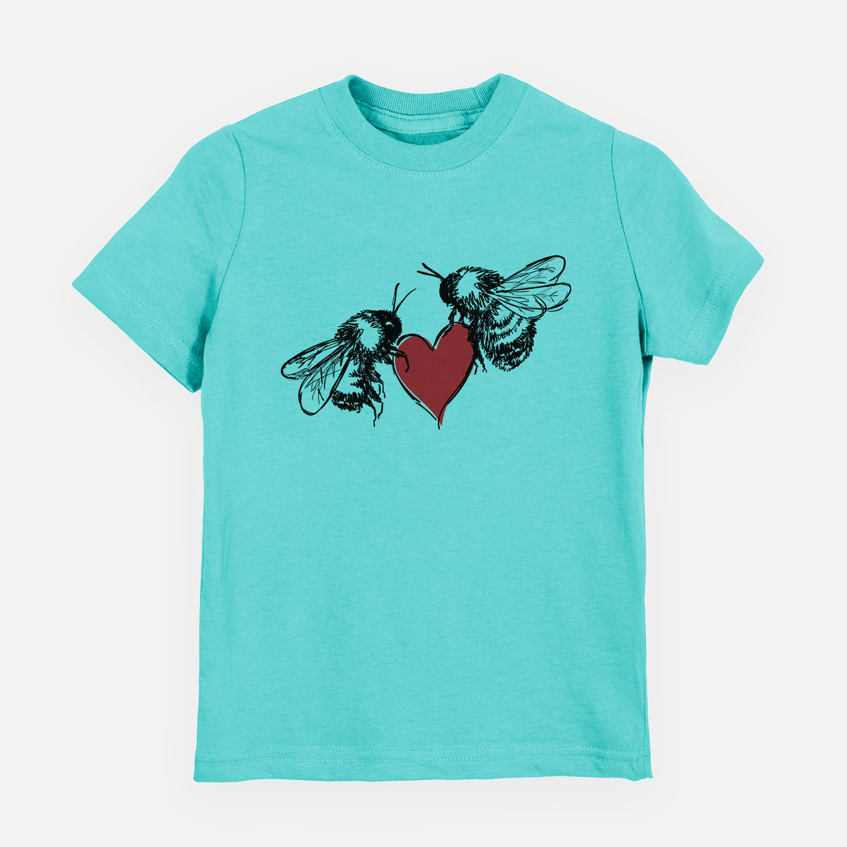 Caribbean blue youth t-shirt laid flat, printed with a black ink illustration of two bees facing each other with a red heart between them.