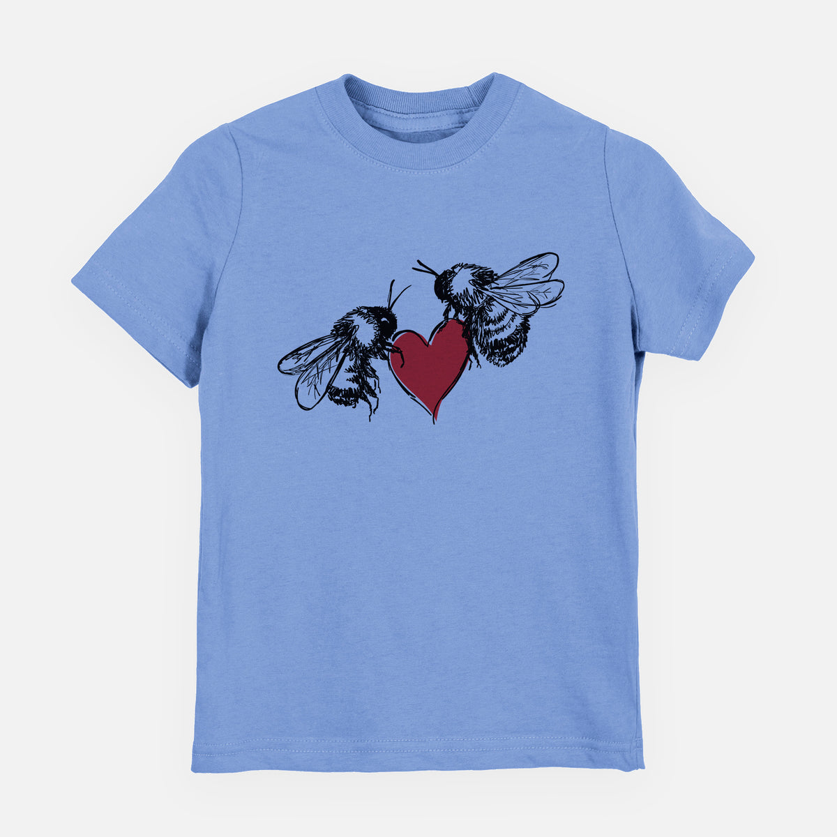Carolina blue youth t-shirt laid flat, printed with a black ink illustration of two bees facing each other with a red heart between them.