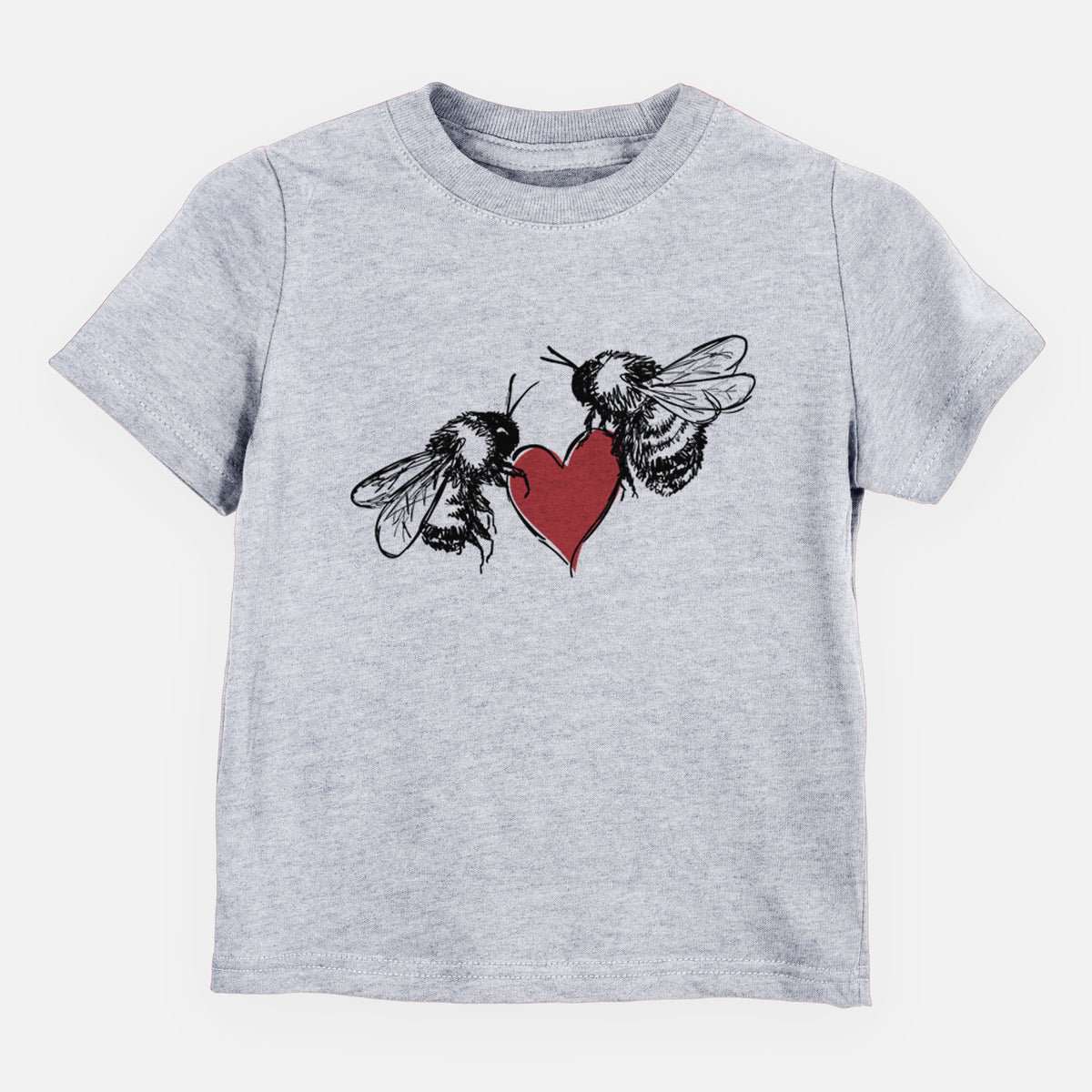 Heather grey toddler t-shirt laid flat, printed with a black ink illustration of two bees facing each other with a red heart between them.