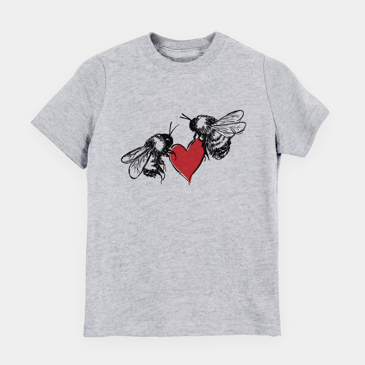 Heather grey youth t-shirt laid flat, printed with a black ink illustration of two bees facing each other with a red heart between them.