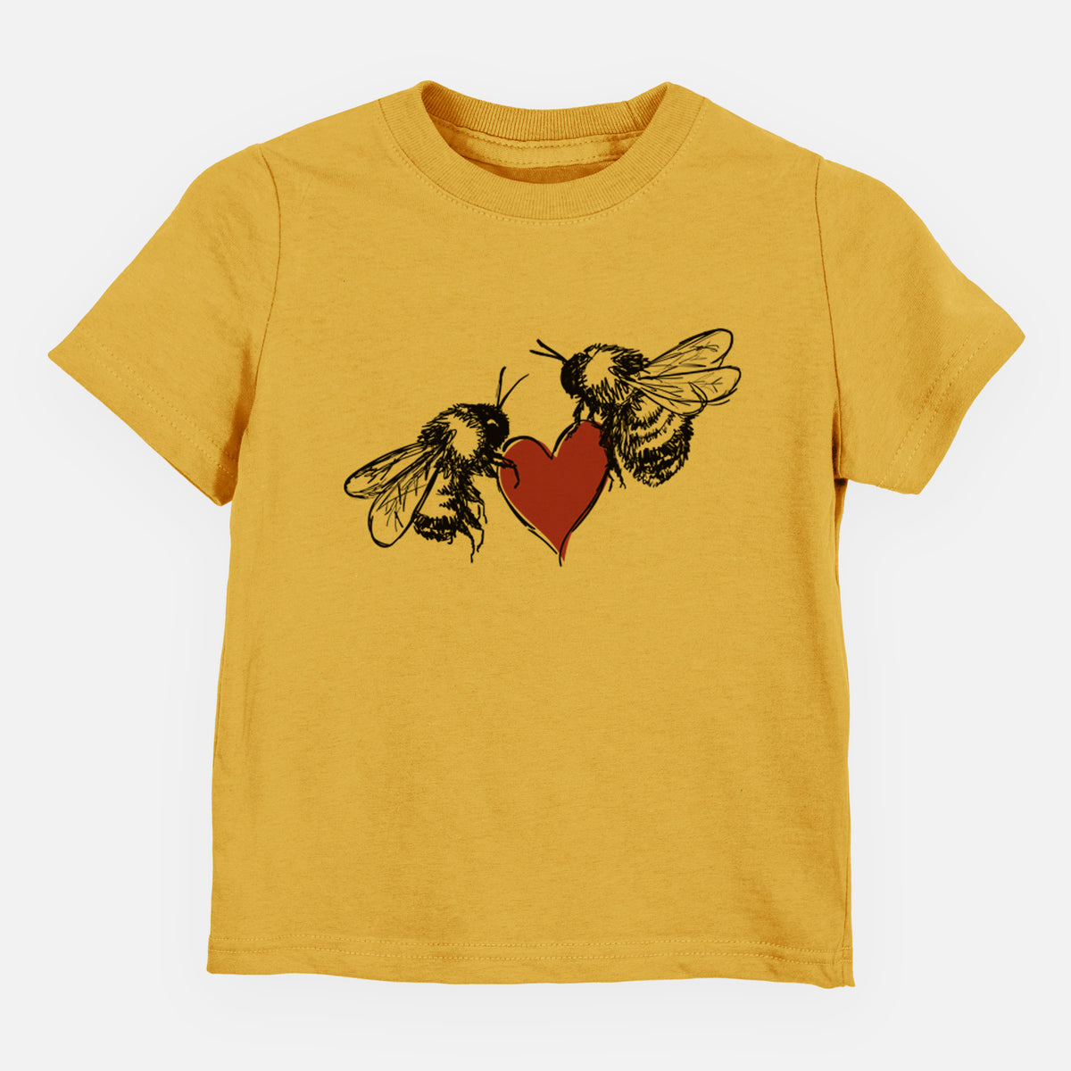 Honeycomb yellow toddler t-shirt laid flat, printed with a black ink illustration of two bees facing each other with a red heart between them.