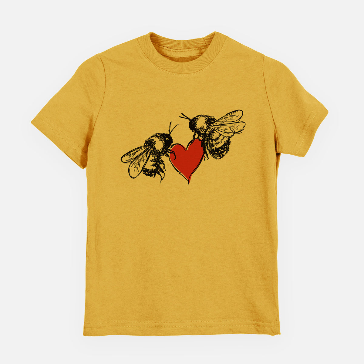 Honeycomb yellow youth t-shirt laid flat, printed with a black ink illustration of two bees facing each other with a red heart between them.