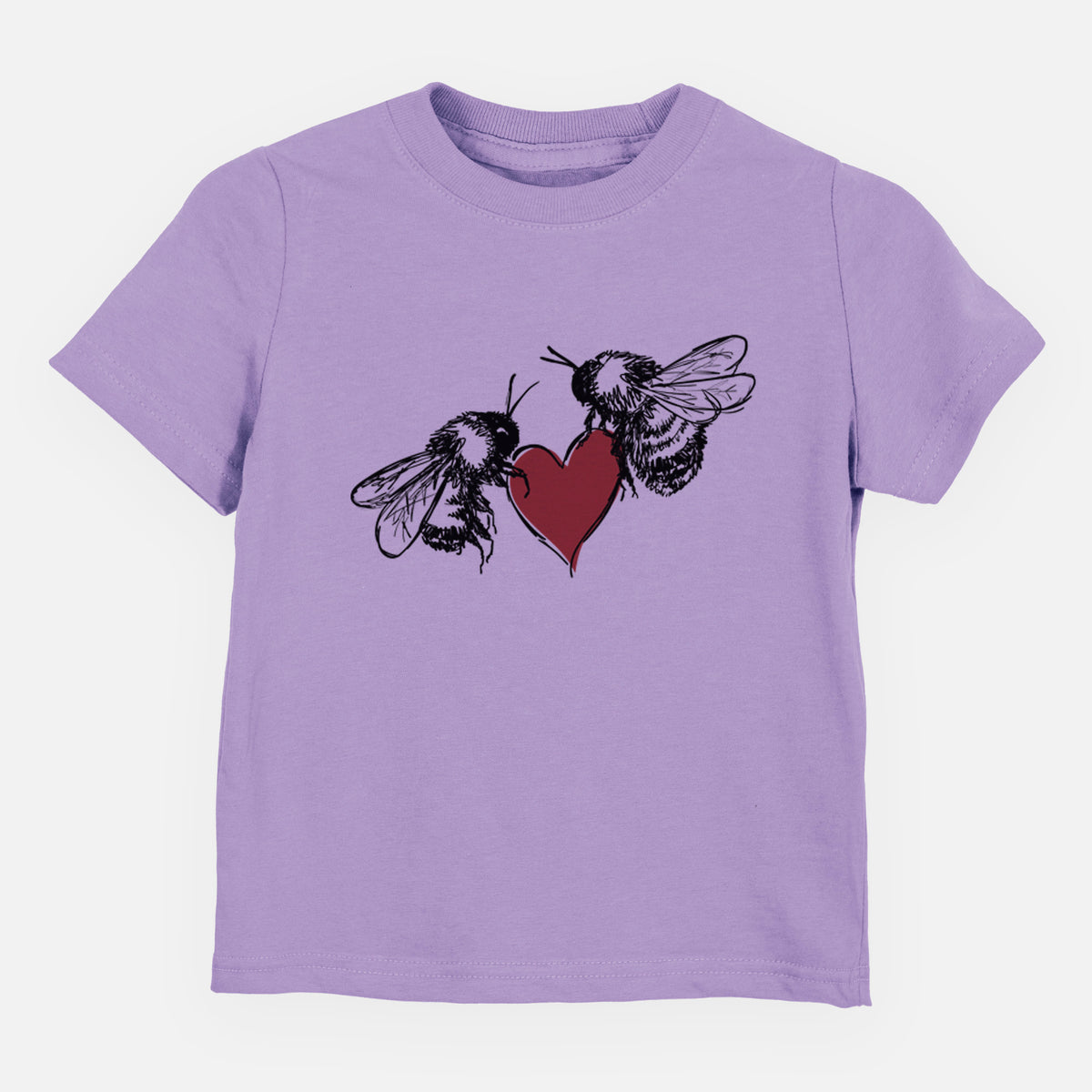 Lavender toddler t-shirt laid flat, printed with a black ink illustration of two bees facing each other with a red heart between them.