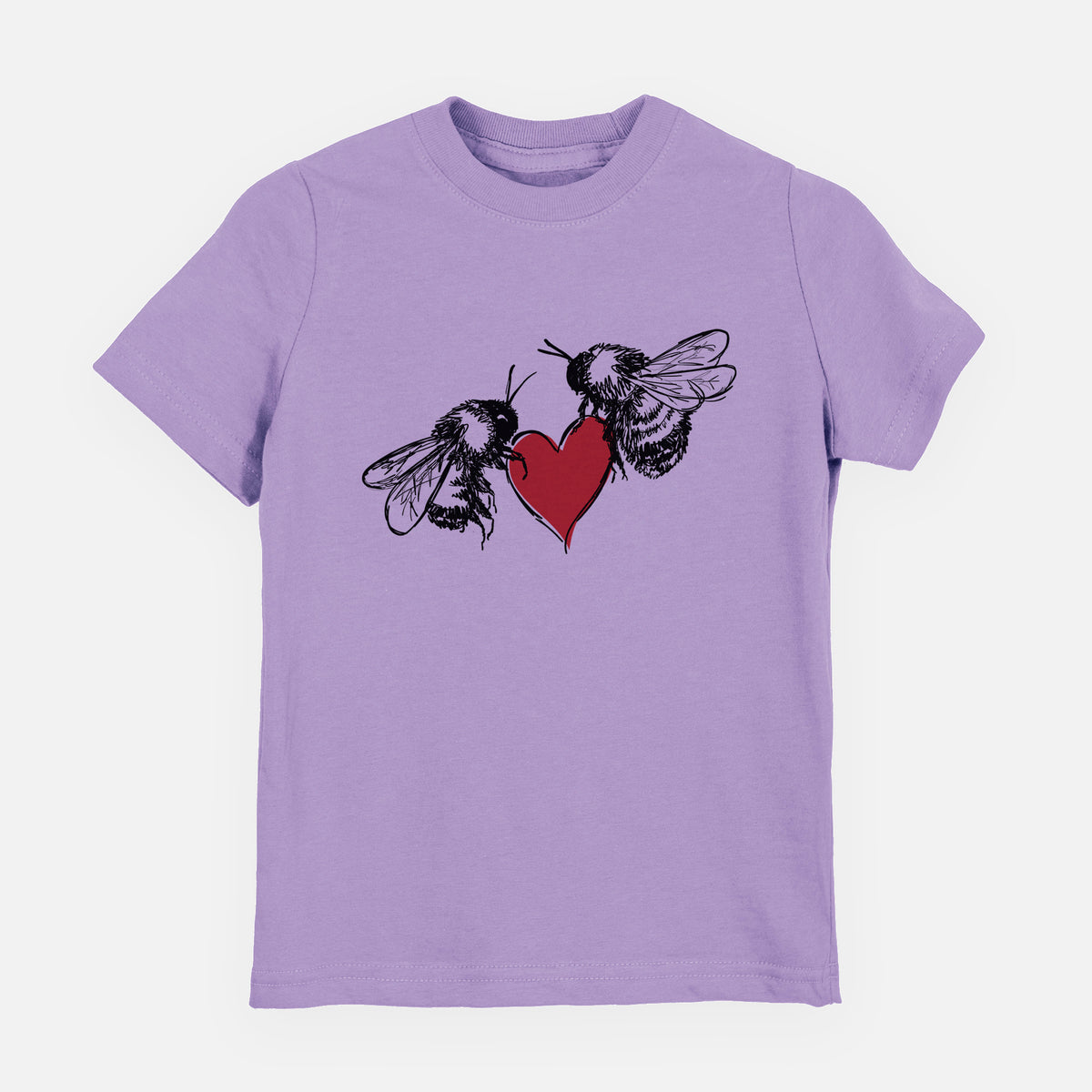 Lavender youth t-shirt laid flat, printed with a black ink illustration of two bees facing each other with a red heart between them.