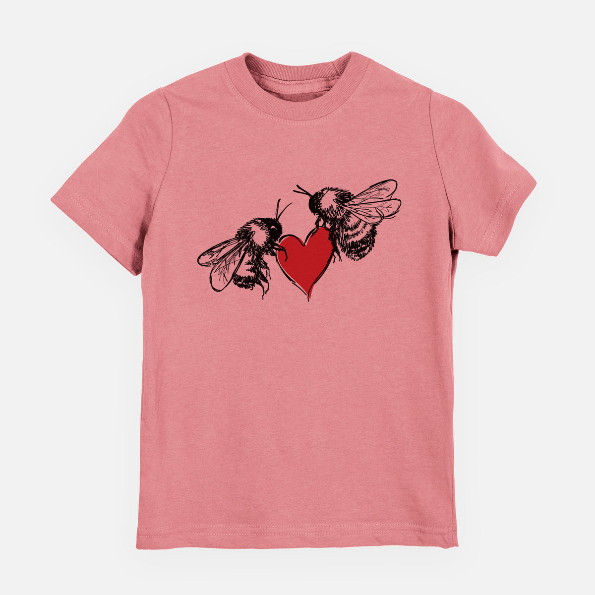 Mauve pink youth t-shirt laid flat, printed with a black ink illustration of two bees facing each other with a red heart between them.
