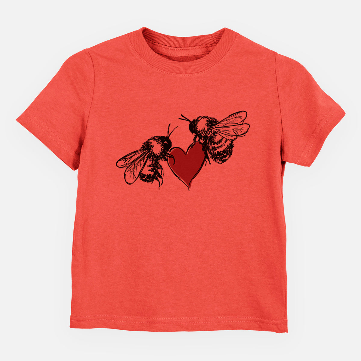 Passionfruit pink toddler t-shirt laid flat, printed with a black ink illustration of two bees facing each other with a red heart between them.
