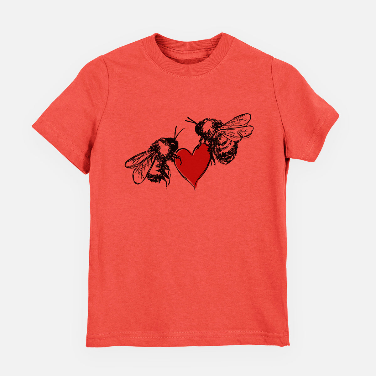 Passionfruit pink youth t-shirt laid flat, printed with a black ink illustration of two bees facing each other with a red heart between them.