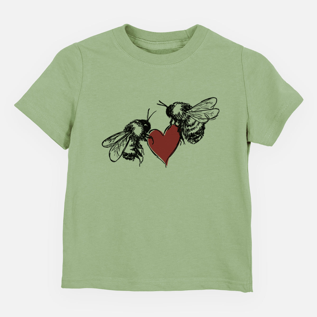 Sage green toddler t-shirt laid flat, printed with a black ink illustration of two bees facing each other with a red heart between them.
