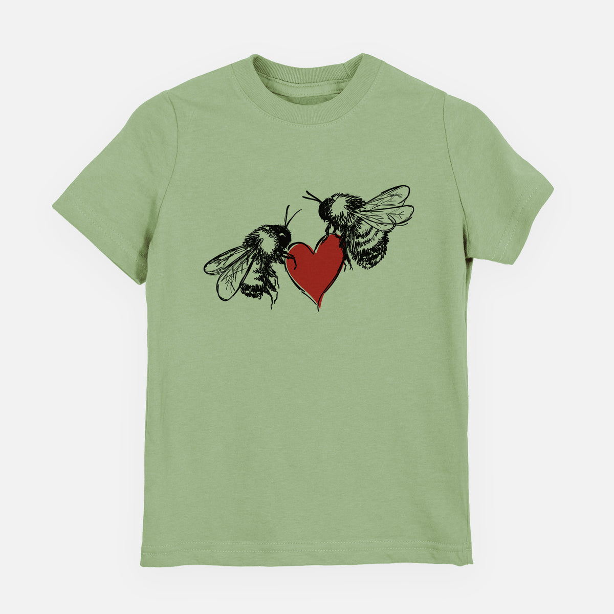 Sage green youth t-shirt laid flat, printed with a black ink illustration of two bees facing each other with a red heart between them.