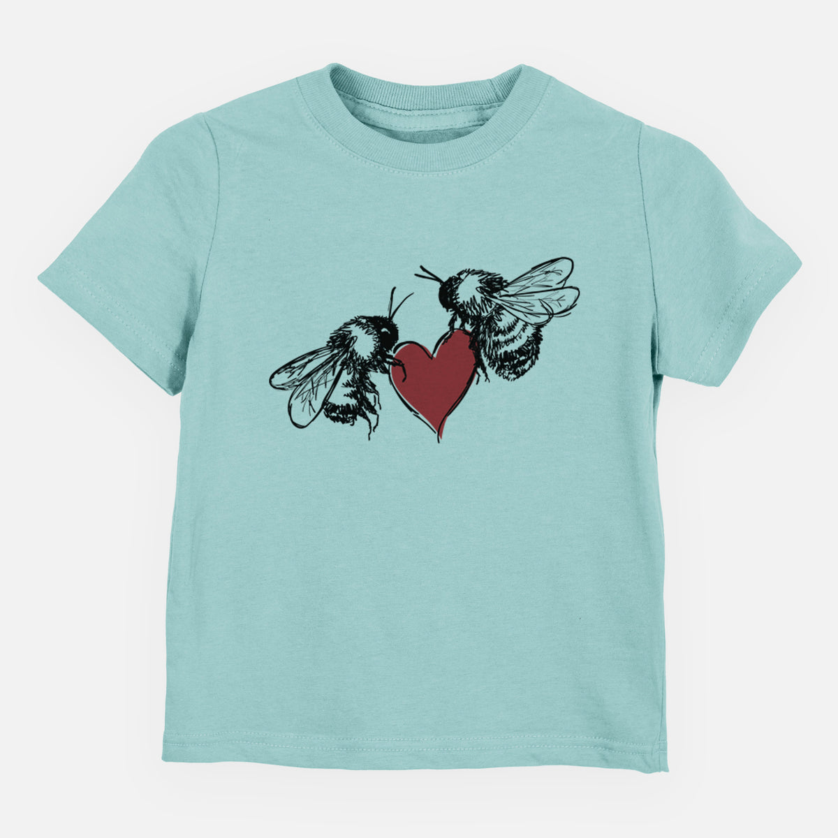 Saltwater toddler t-shirt laid flat, printed with a black ink illustration of two bees facing each other with a red heart between them.