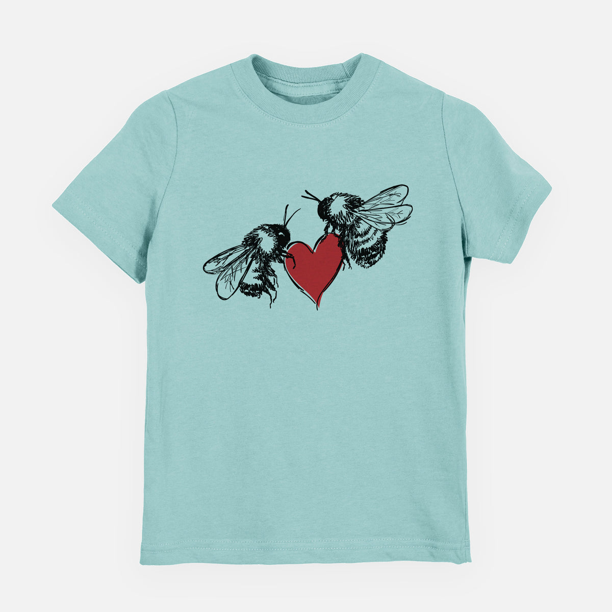 Saltwater youth t-shirt laid flat, printed with a black ink illustration of two bees facing each other with a red heart between them.