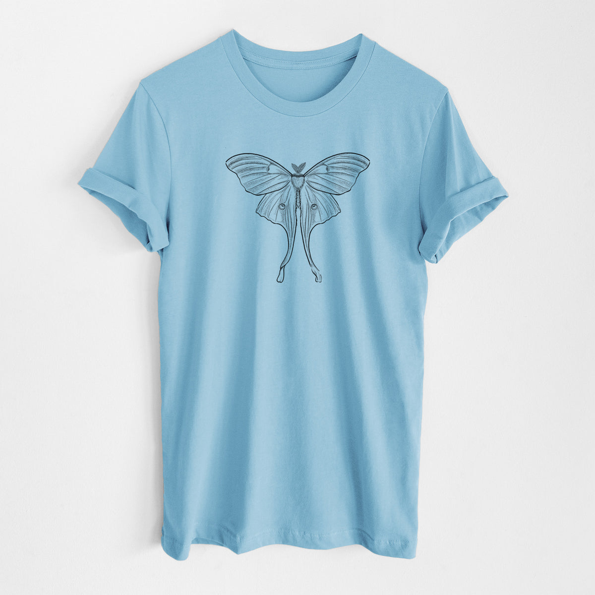 Ocean blue lightweight cotton t-shirt laid flat, printed with a black ink line drawing of a luna moth with long trailing tails on its wings.