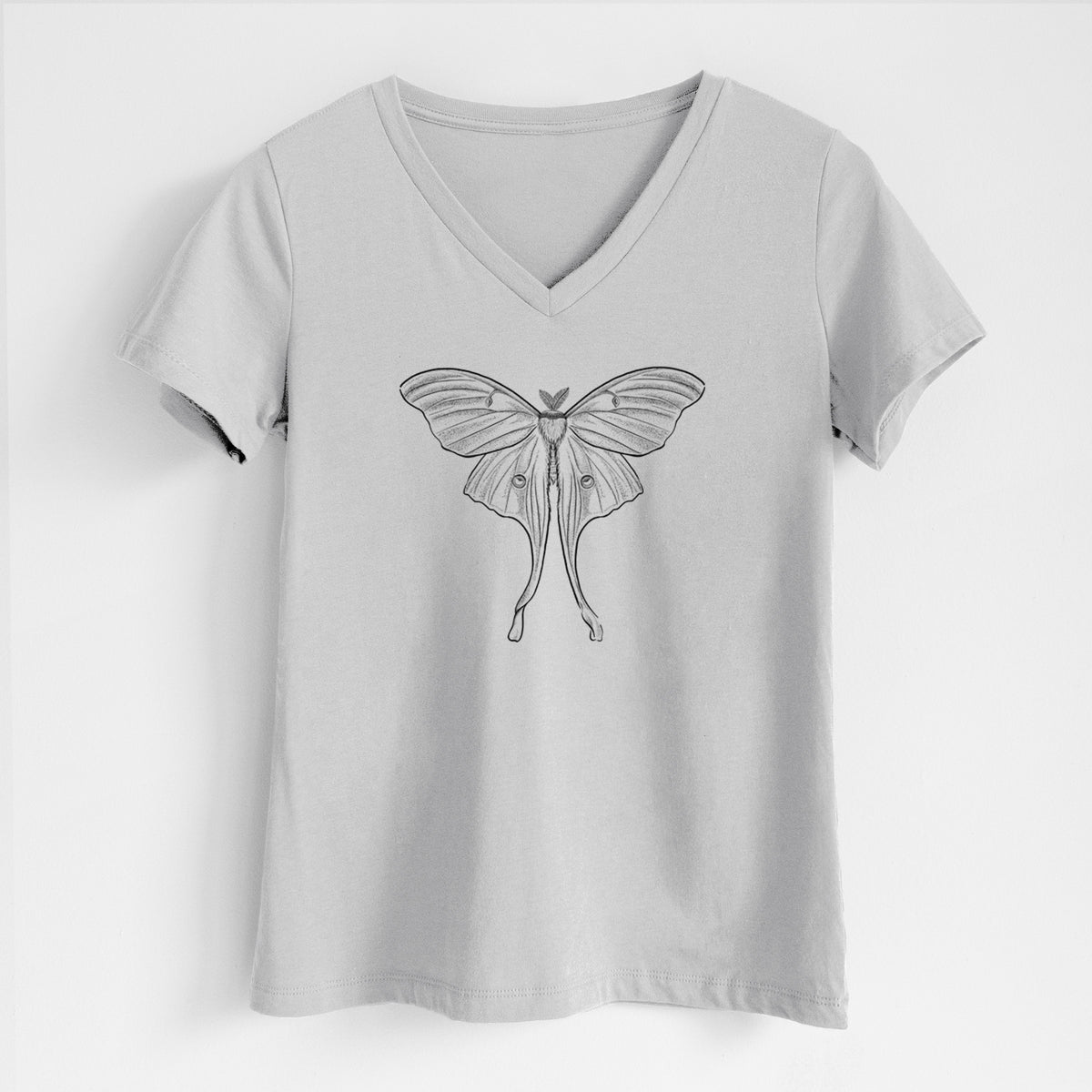 Lunar grey women's relaxed fit cotton V-neck t-shirt laid flat, printed with a black ink line drawing of a luna moth with long trailing tails on its wings.