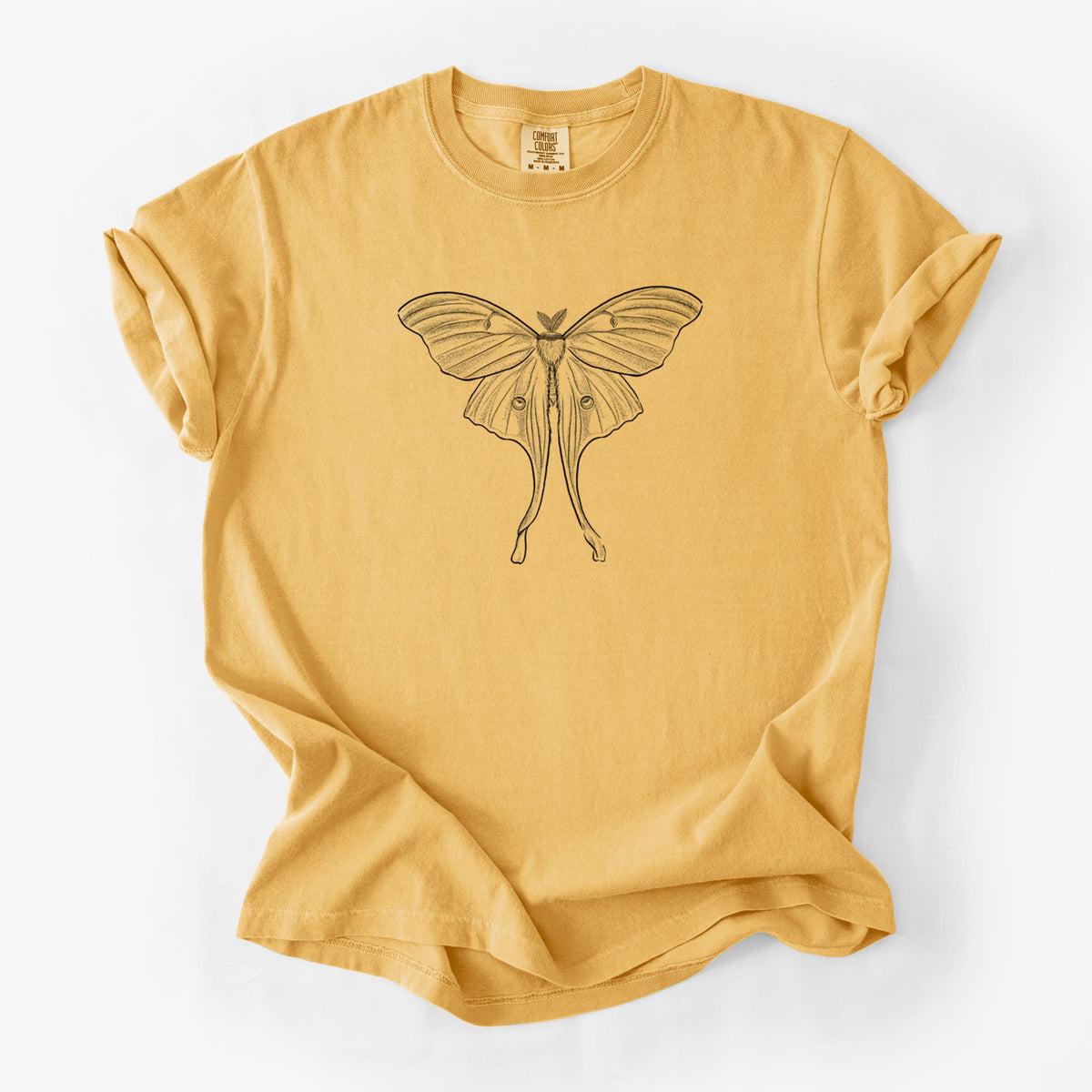 Golden wheat yellow Comfort Colors t-shirt laid flat, printed with a black ink line drawing of a luna moth with long trailing tails on its wings.