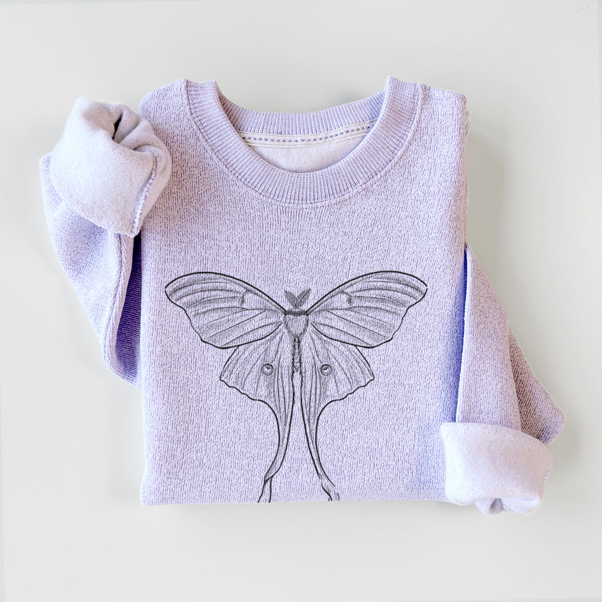 Ice purple knit sweatshirt printed with a black ink line drawing of a luna moth with long trailing tails on its wings, styled flat.