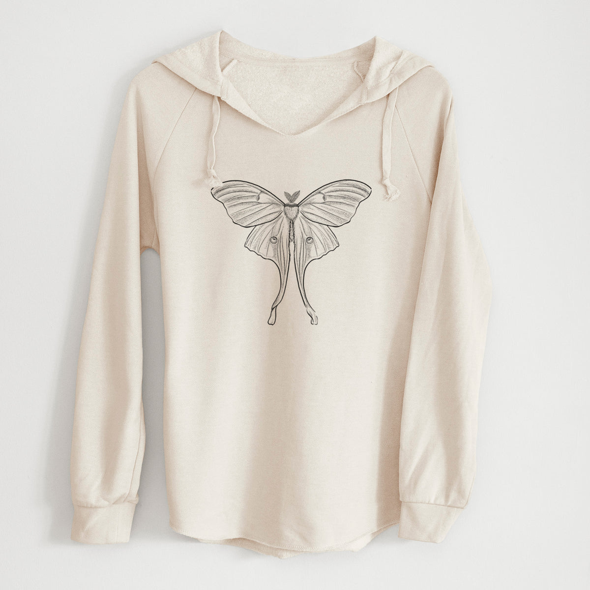 Bone cream women's Cali Wave hooded sweatshirt laid flat, printed with a black ink line drawing of a luna moth with long trailing tails on its wings.