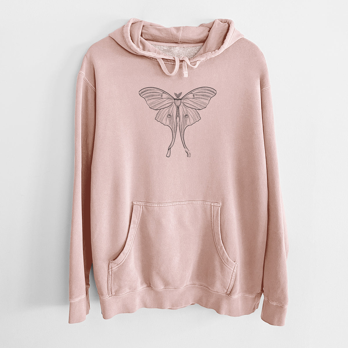 Dusty pink pigment dyed hoodie laid flat, printed with a black ink line drawing of a luna moth with long trailing tails on its wings.