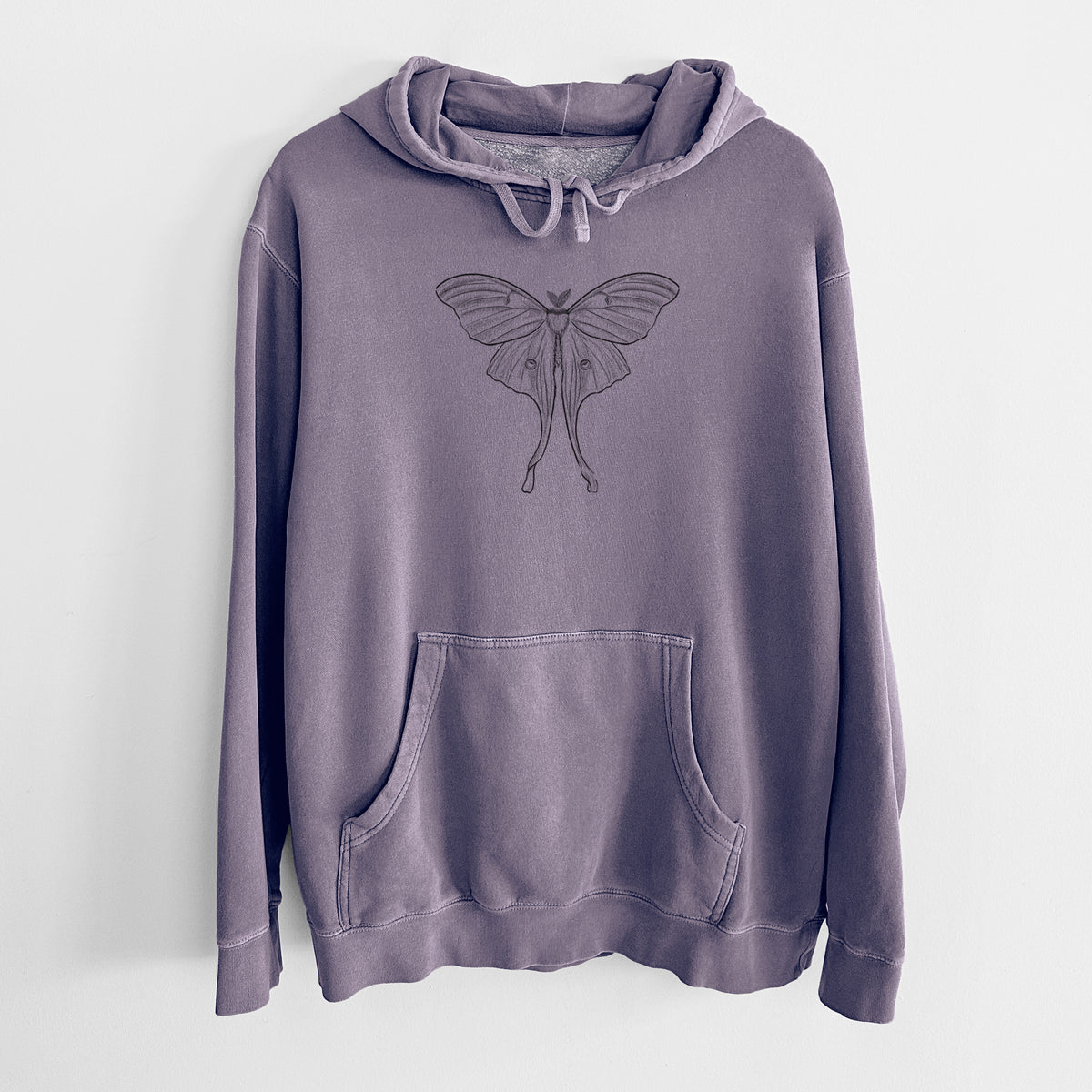 Plum purple pigment dyed hoodie laid flat, printed with a black ink line drawing of a luna moth with long trailing tails on its wings.