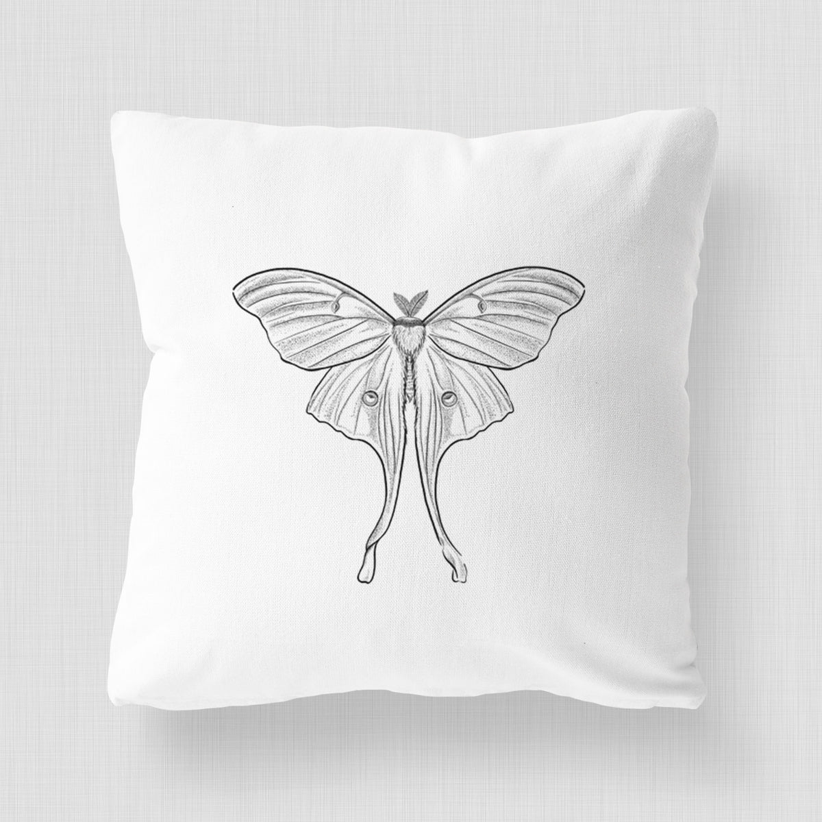 White pillow cover printed with a black ink line drawing of a luna moth with long trailing tails on its wings.
